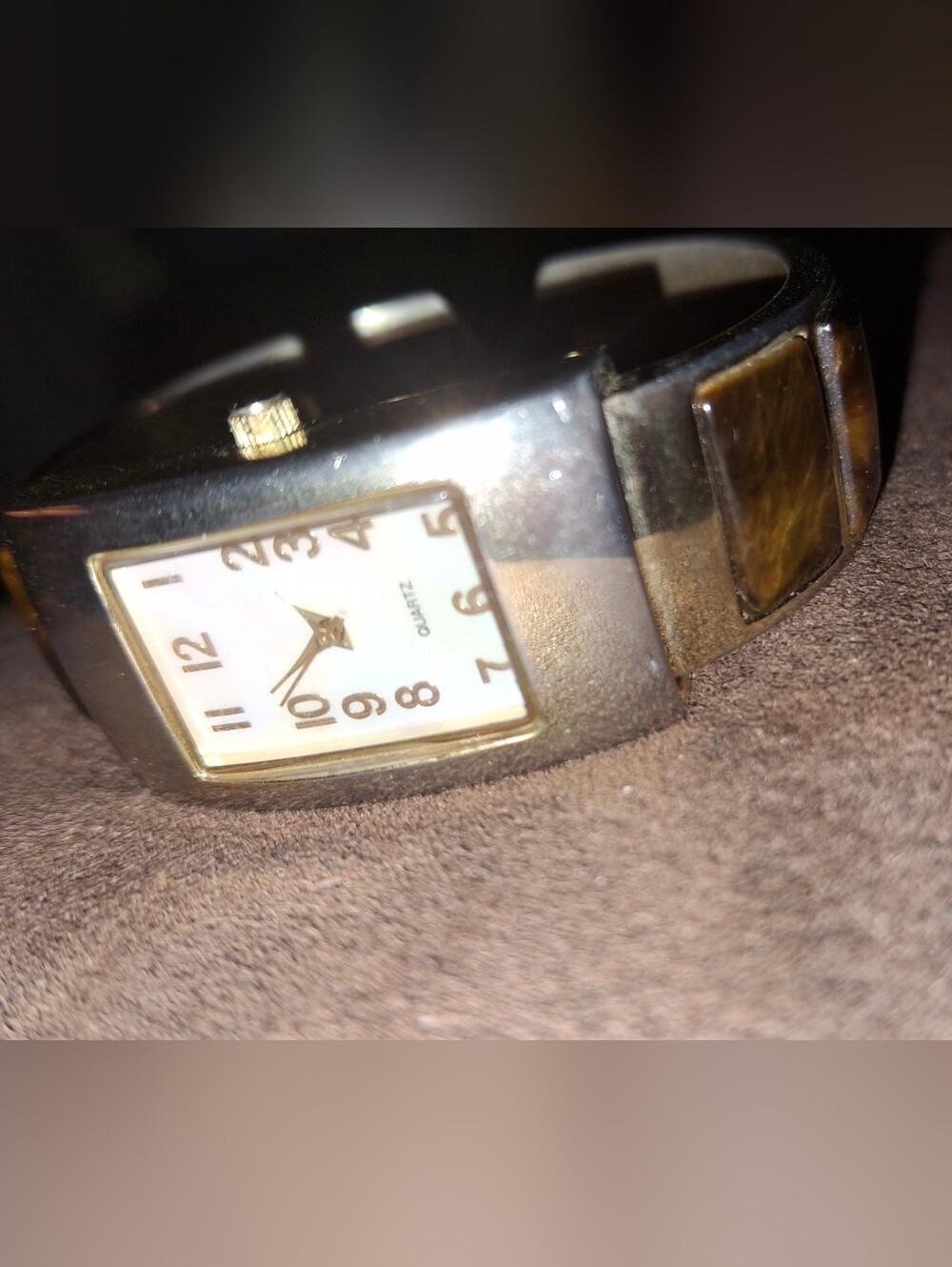 M.z. Berger Ladies Quartz Bracelet Cuff Watch Tigers Eye Inlaid Mop Face Works